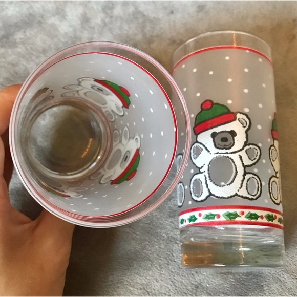 Vintage Christmas teddy bear tumbler glasses frosted polka dot winter holiday - Picture 4 of 4